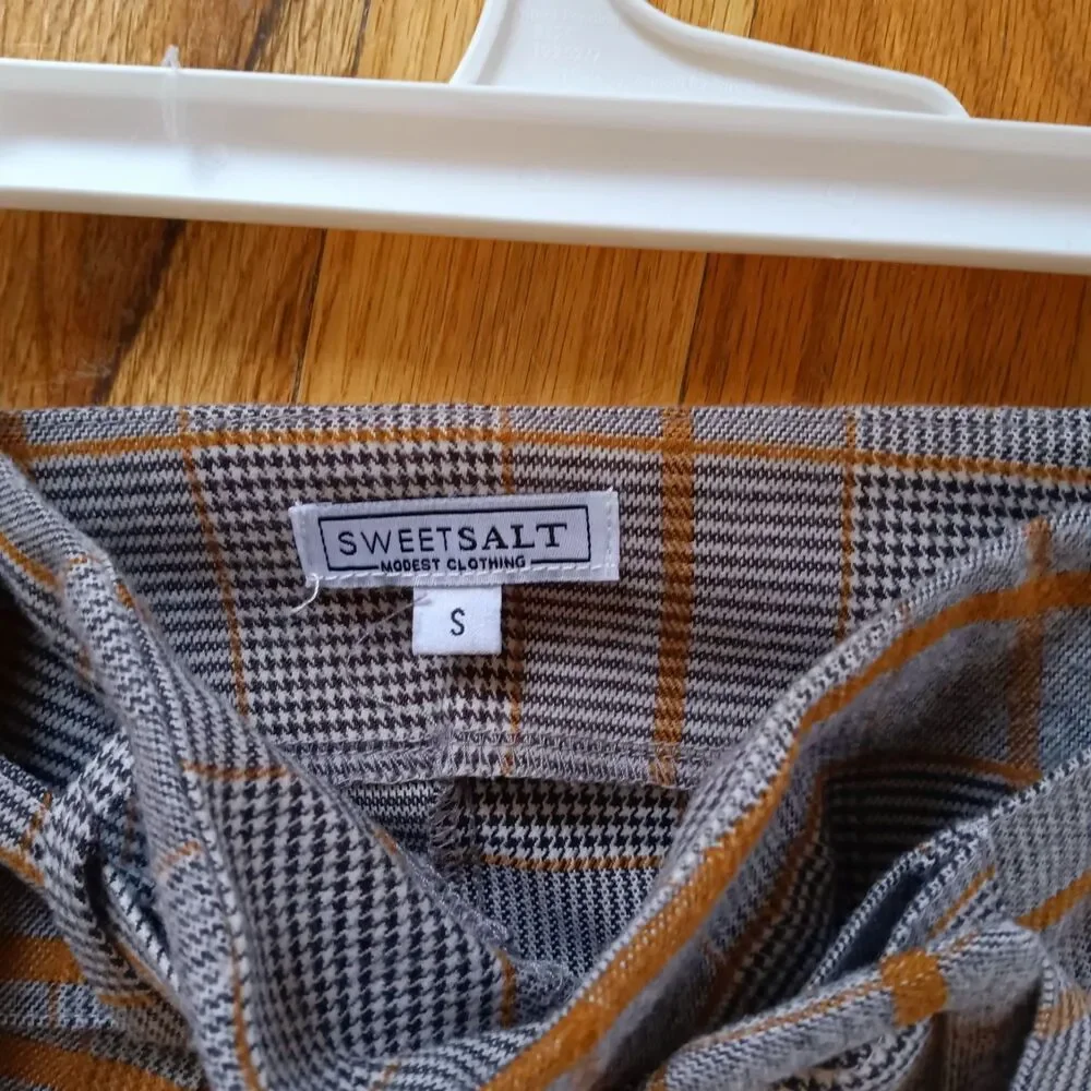 Sweet Salt Plaid Tweed Pencil Midi Skirt Grey Brown Size S Belted quiet luxury - Picture 3 of 4